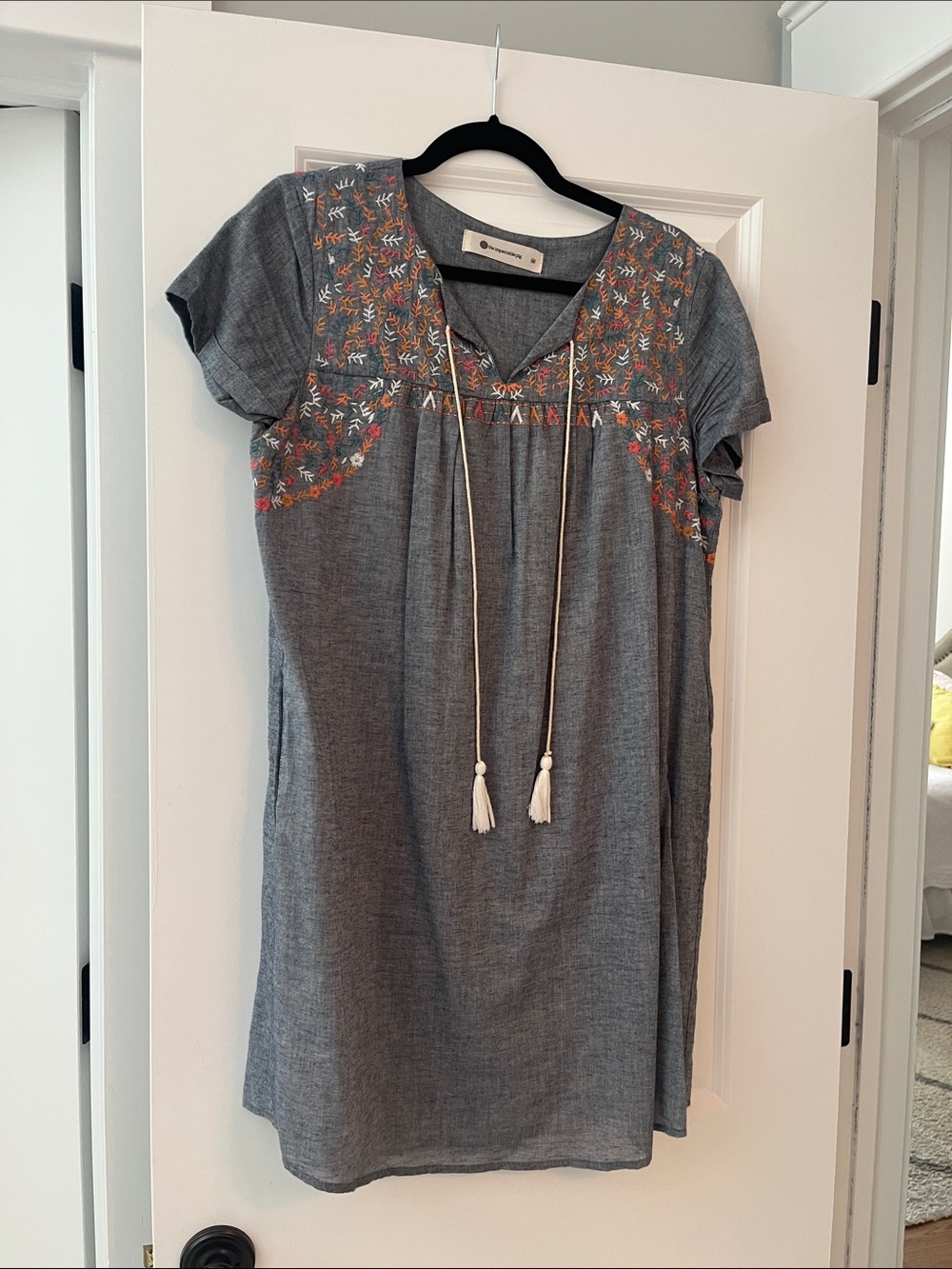The Impeccable Pig Gray Embroidered Chambray Tunic Dress